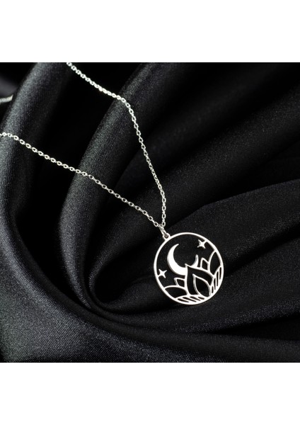 Kadın Gümüş Kolye Lotus Çiçeği Ay Kolye ,925 Ayar Gümüş Kolye, Gümüş, Rose Gold, Altın Kaplama Kolye
