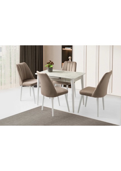Milano Hg Marmo Ahşap Salon Yemek Masa Sandalye Takımı 4 Sandalyeli Ortadan Açılır Büyüyen 60x100cm