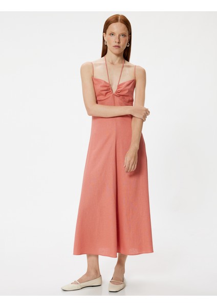 Uzun Keten Elbise Askılı Boyundan Bağlama Detaylı fiyatları