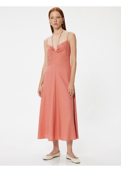 Uzun Keten Elbise Askılı Boyundan Bağlama Detaylı modelleri