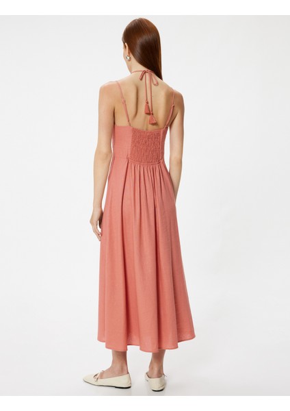 Uzun Keten Elbise Askılı Boyundan Bağlama Detaylı fırsatları