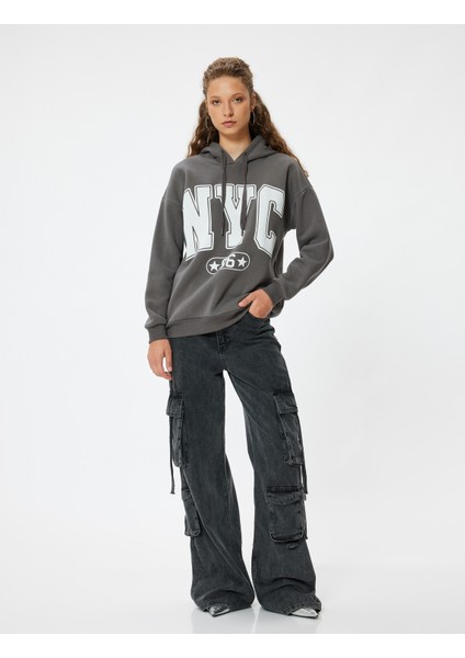 Oversize Kapüşonlu Sweatshirt Kolej Baskılı Şardonlu