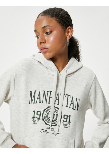 Oversize Sweatshirt Kapüşonlu Kolej Baskılı Kanguru Cepli Şardonlu