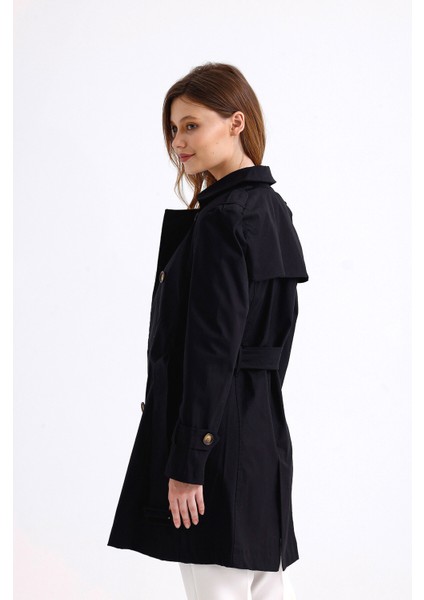 Esnek Pamuk Gabardin Kısa (80CM) Omuz Apoletli Kemerli Kadın Trençkot 1120 modelleri