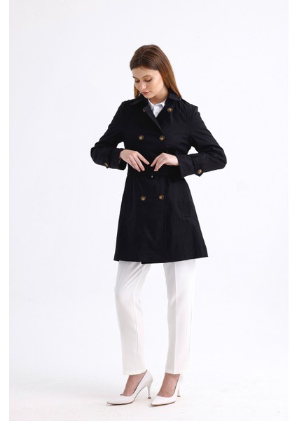 Esnek Pamuk Gabardin Kısa (80CM) Omuz Apoletli Kemerli Kadın Trençkot 1120 fırsatları