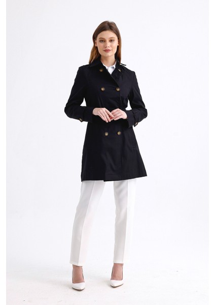 Esnek Pamuk Gabardin Kısa (80CM) Omuz Apoletli Kemerli Kadın Trençkot 1120 indirimleri