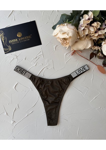 Doja Yoğun Taşlı Love Secret Yazılı Ağı Pamuklu Ithal Saten Tanga