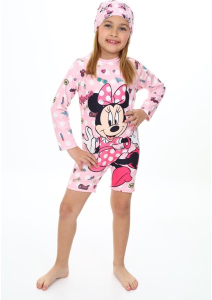 Mnn Karakterli Uzun Kol Boneli Kız Çocuk Mayo - Pembe