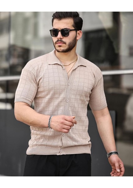 Krem Fit Kalıp Düğmeli Triko Örme Gömlek