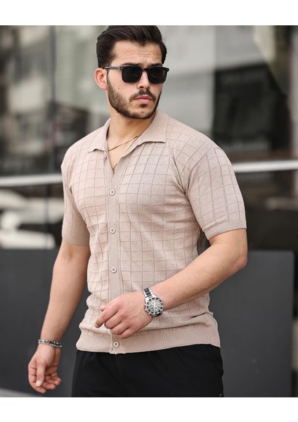 Krem Fit Kalıp Düğmeli Triko Örme Gömlek