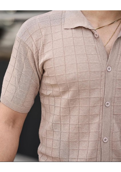 Krem Fit Kalıp Düğmeli Triko Örme Gömlek