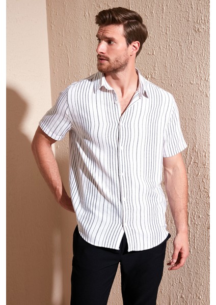 Çizgili % 100 Pamuk Slim Fit Kısa Kollu Gömlek Erkek Gömlek CF23S116097 fiyatları