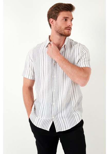 Çizgili % 100 Pamuk Slim Fit Kısa Kollu Gömlek Erkek Gömlek CF23S116097 modelleri