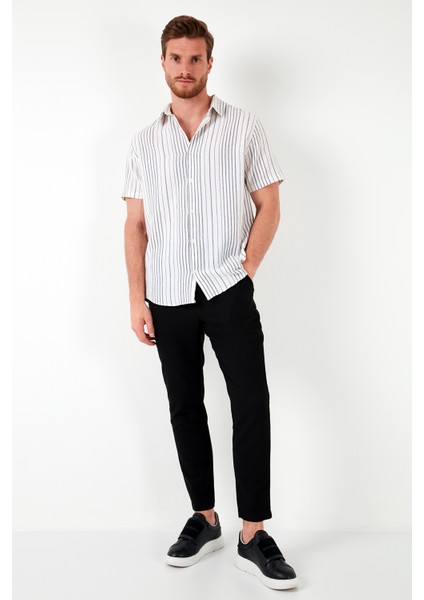 Çizgili % 100 Pamuk Slim Fit Kısa Kollu Gömlek Erkek Gömlek CF23S116097 fırsatları