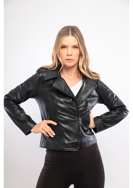 Siyah Biker Kadın Deri Ceket Deri Mont