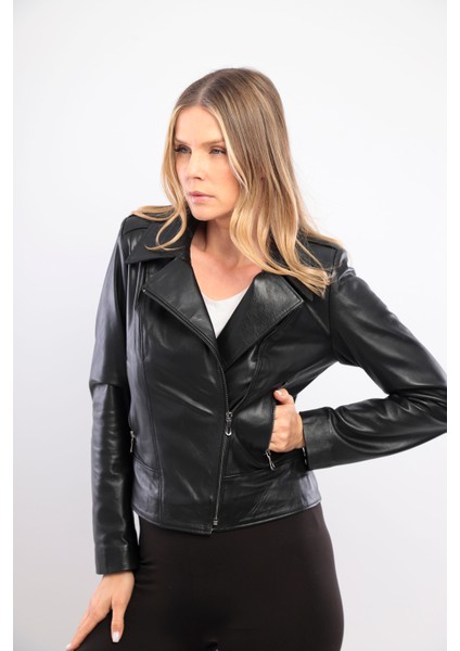 Siyah Biker Kadın Deri Ceket Deri Mont