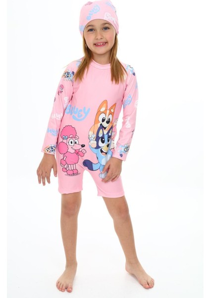 Blue Karakterli Uzun Kol Boneli Kız Çocuk Mayo - Pembe