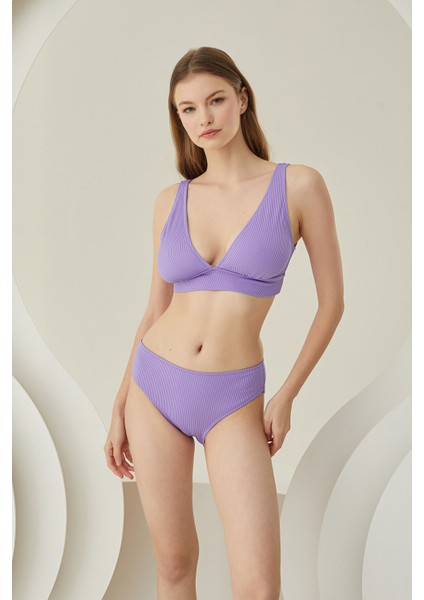 Lila Reps Yüksek Bel Tek Alt Bikini