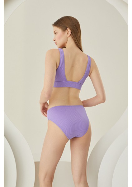 Lila Reps Yüksek Bel Tek Alt Bikini