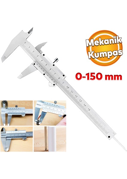 Mekanik Manuel Metal Kumpas Metal Çene 150 mm Kutulu Hassas Iç Dış Derinlik Ölçüm Aleti