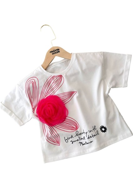 Tül Gül Desenli 3D Pamuklu Kız Çocuk Tşört - Beyaz modelleri