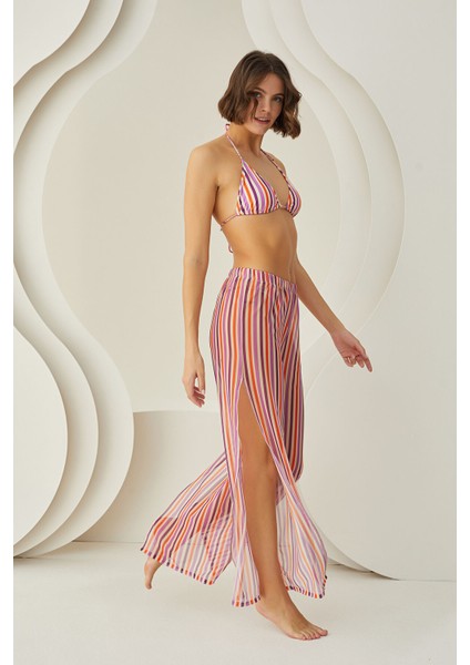 Renkli Stripes Yırtmaçlı Pareo Pantolon fiyatları