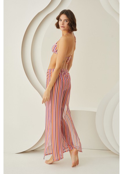 Renkli Stripes Yırtmaçlı Pareo Pantolon modelleri