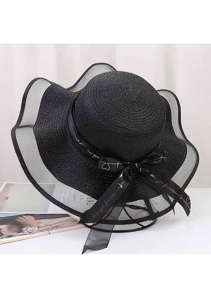 Büyük Saçak Yay Şerit Plaj Şapkası Bayanlar Yaz Açık Hasır Şapka (Yurt Dışından)