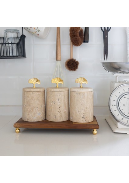 Mermer Traverten Ginkgo 3lü Ahşap Standlı Baharatlık