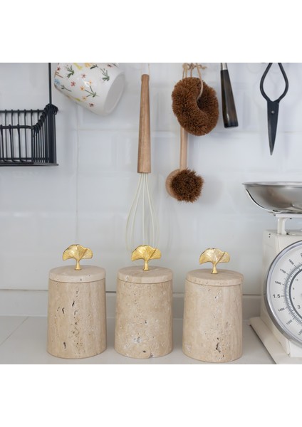 Mermer Traverten Ginkgo 3lü Ahşap Standlı Baharatlık