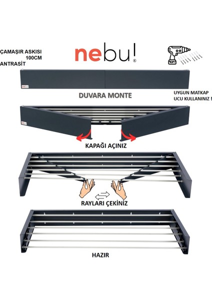 100 cm Large Iç ve Dış Mekan Duvara Monte Dekoratif Çamaşır Askısı