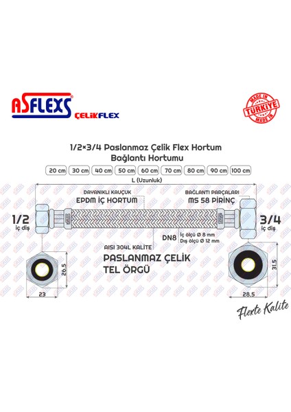 1/2×3/4 Paslanmaz Çelik Flex Hortum Bağlantı Hortumu (80 cm)