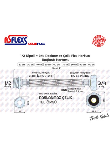 ASFLEXS 1/2 Nipelli×3/4 Paslanmaz Çelik Flex Hortum Bağlantı Hortumu (20 cm)