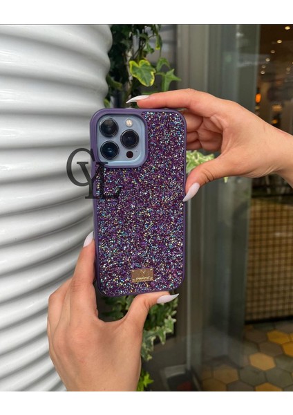 Apple iPhone 14 Pro Max Kılıf Swarovski Taşlı Diamond Kalite Parlak Tasarımlı Mor Lüx Kapak