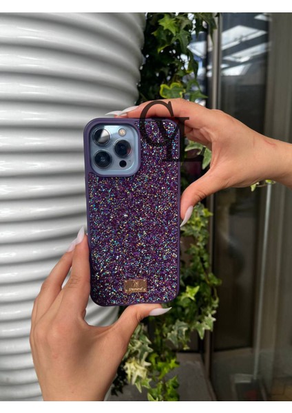 Apple iPhone 14 Pro Max Kılıf Swarovski Taşlı Diamond Kalite Parlak Tasarımlı Mor Lüx Kapak