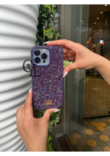 Apple iPhone 14 Pro Max Kılıf Swarovski Taşlı Diamond Kalite Parlak Tasarımlı Mor Lüx Kapak