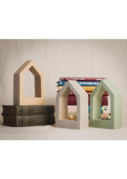 Ev Şeklinde Beton Tealight Mumluk Ve Kitap Tutucu -Özel Tasarım Dekoratif Mumluk