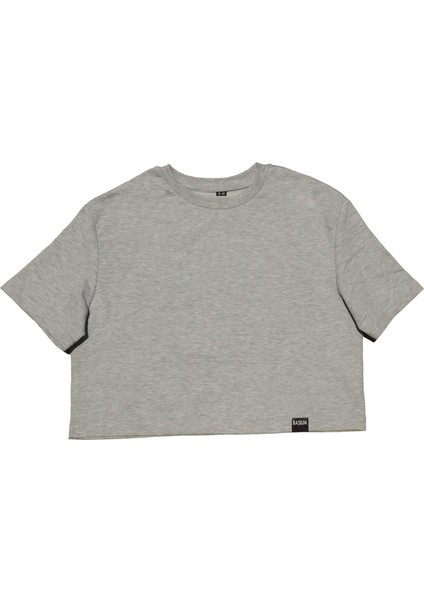 Gri Oversize Basic Kadın Crop Tshirt