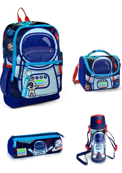 Kids Astronot Desenli Saks Mavi Dört Bölmeli Okul Sırt Çantası 4SET23724