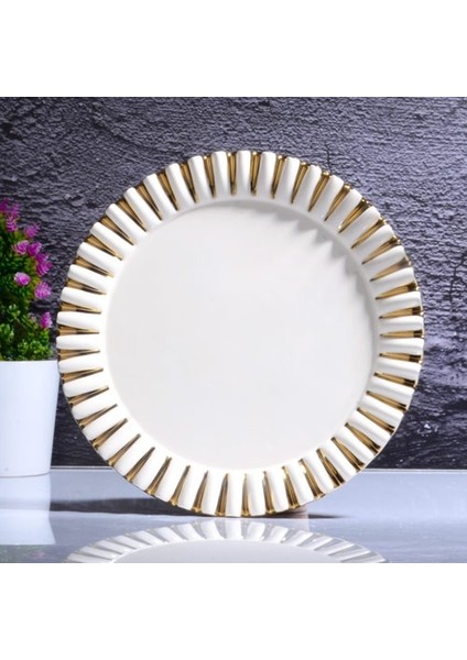 Gebo Porselen Gold Detaylı Yuvarlak Servis Sunum Tabağı (32*32*3cm)