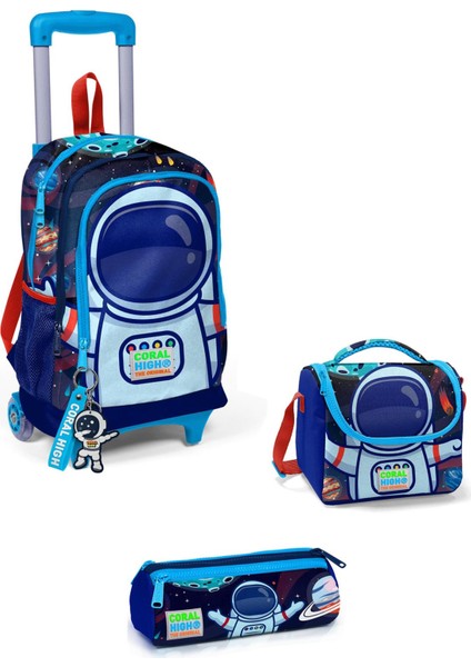 Kids Astronot Desenli Saks Mavi Dört Bölmeli Çekçekli Okul Sırt Çantası 3SET23924