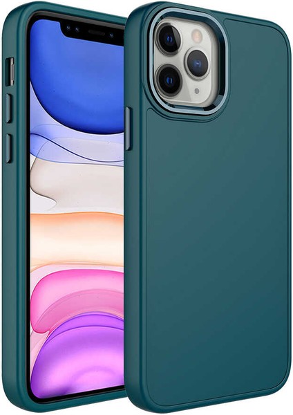 Apple iPhone 12 Pro Max Uyumlu Metal Çerçeve ve Buton Tasarımlı Silikon Luna Kapak-Koyu Yeşil