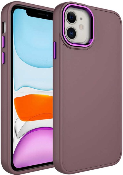 Apple iPhone 11 Uyumlu Metal Çerçeve ve Buton Tasarımlı Silikon Luna Kapak-Açık Vişne