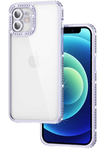 Apple iPhone 12 Uyumlu Kamera Korumalı Taşlı Mina Kapak-Lila