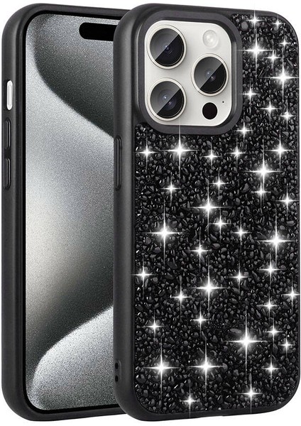 Apple iPhone 15 Pro Uyumlu Parlak Taşlı Tasarım Linea Kapak-Siyah