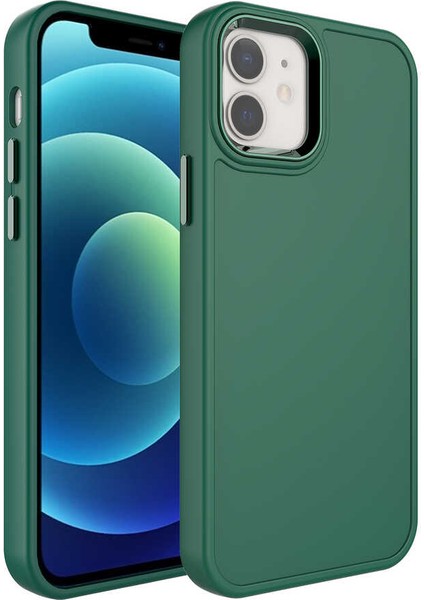Apple iPhone 12 Uyumlu Metal Çerçeve ve Buton Tasarımlı Sert Botox Kapak-Koyu Yeşil