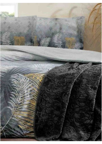 Çift Kişilik Trendy Battaniyeli Nevresim Takımı Golden Palm Gri