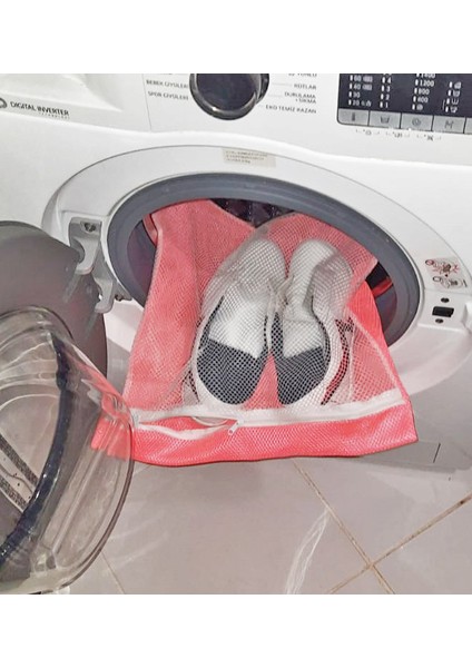 LISINYA174 Pembe Fermuarlı - Hassas Çamaşır Terlik Ayakkabı Yıkama Filesi Büyük Boy