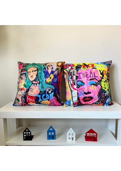 Kırlent Kılıfı Neon Yazılar Kadın Pop Art Desenli Dijital Baskılı