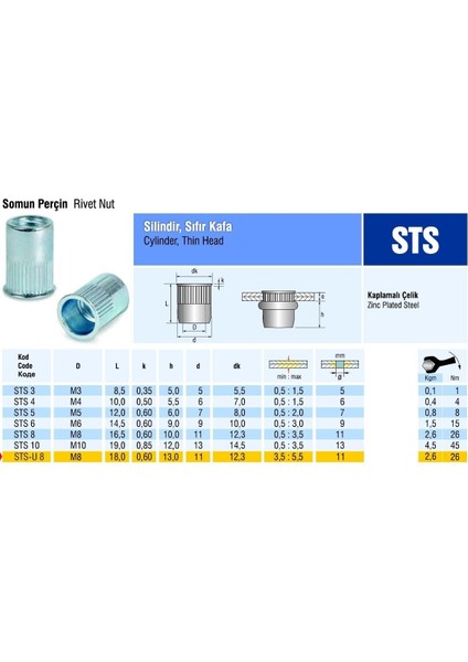 Piton Perçin Silindir Sıfır Kafa Çelik Somun Perçin M10 Metrik 10 - 500 Adet